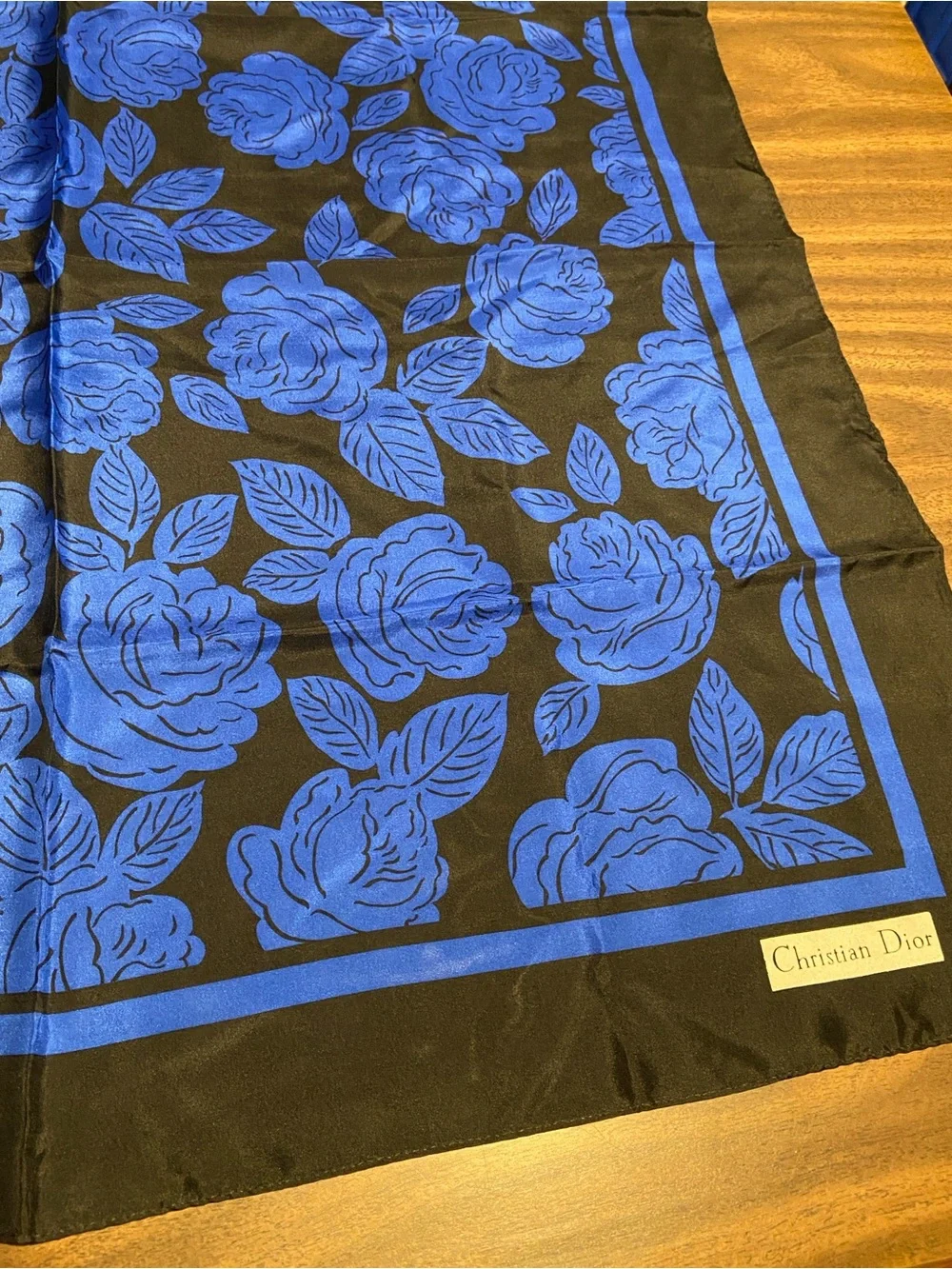 Vintage Dior Cobalt Blue & Black Floral Scarf